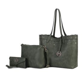 MKF Collection Mariahna 3 PCS Shopper Tote, Cross and Wallet Handbag by Mia K (Color: Olive, Material: Vegan Leather)